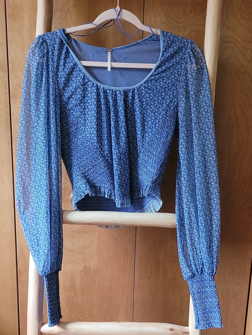 Free People Blue Printed Smocked Waist Sheer Long-Sleeve Top